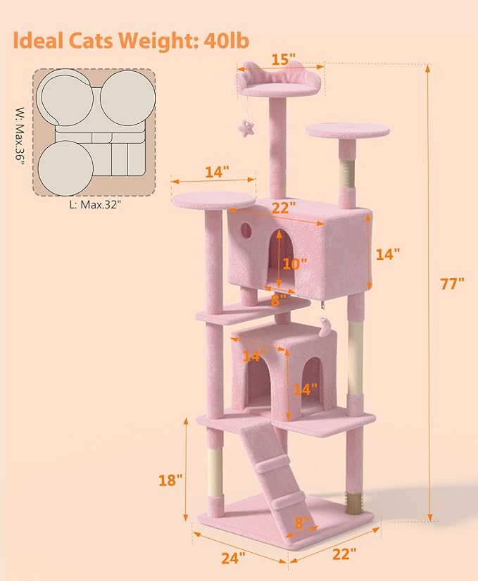 77'' Cat Tree Tower for Indoor Cats Large Adult, Cute/Tall Modern Cat Tree for Big Cats 20 lbs, Plush Multi-Level Cat Condo with Scratching Posts,Dangling Ball (Soft Pink, 77 inch)-Mewly Pet