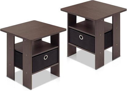 Furinno Andrey Set of 2 End Table / Side Table / Night Stand / Bedside Table with Bin Drawer, Columbia Walnut/Dark Brown