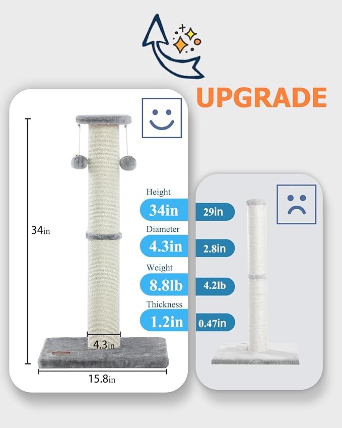 Kilodor 34Inch Tall Cat Scratching Post,4.3Inch Diameter Large Sisal Cat Scratch Post with Ball, Sturdy and Durable Cat Scratcher for Indoor Cats Adults Grey-Mewly Pet