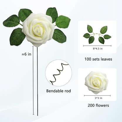 JOYLEX Artificial Flowers Realistic Roses, Real Looking Fake Roses with Stem for DIY Wedding Bouquets Centerpieces Bridal Shower Party Home Romantic Decorations (Milk White, Regular 3" - 200pcs)