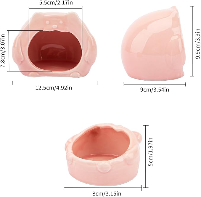 Bear-Shaped Hamster Hideout & Food Bowl Set - Ceramic Habitat for Syrian Dwarf Hamsters, Mice, Gerbils - All-Season Use, Chew-Proof Ceramic House and Feeding Dish for Small Pets(Pink)-Mewly Pet