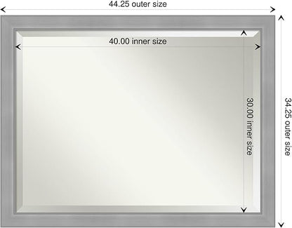 Amanti Art Silver Bathroom Mirror for Over Sink, 34x44 Vista Brushed Nickel Rectangle Vanity Mirror, X-Large Casual Frame, Hangs Horizonally and Vertically, Bathroom Wall Decor, Beveled Edge