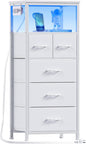 Furnulem Dresser for Bedroom, Tall Nightstand, Vertical Chest with Wood Top, Charging Station, LED Lights, 5 Fabric Bins, Bedside Table with Shelf, Furniture for Entryway (5 Drawer, White)