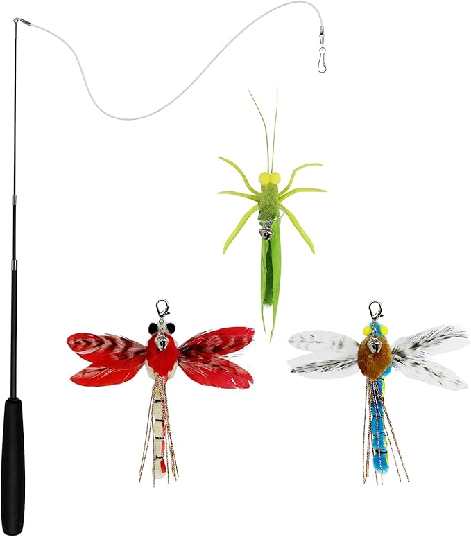 TTcat Cat Feather Wand Toys,Retractable Wand Toy with 3 Simulation Insects Refills, Transparent Carbon Wire,Interactive Cat Toy Kitten Toy for Indoor Cats to Play Chase Exercis-Mewly Pet