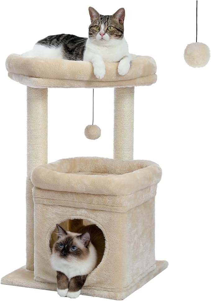 PEQULTI Cat Tree Cat Tower for Indoor Cats with Private Cozy Cat Condo, Natural Sisal Scratching Posts and Plush Pom-pom for Small Cats,Beige-Mewly Pet