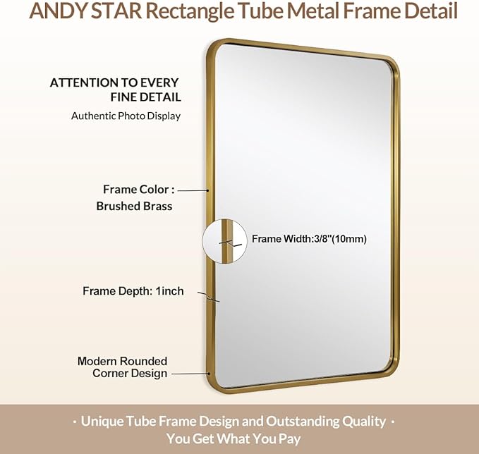 ANDY STAR 48x36 Inch Gold Bathroom Mirror, Brushed Gold Mirrors for Wall in Anti-Rust SUS304 Tube Metal Frame, Rounded Rectangle Mirrors 1’’ Deep Wall Mounted Vertically/Horizontal for Bathroom