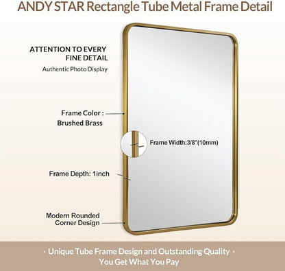 ANDY STAR 36x36 Inch Gold Bathroom Mirror, Brushed Gold Square Mirrors for Wall in Anti-Rust SUS304 Tube Metal Frame, Rounded Mirrors 1’’ Deep Wall Mounted Vertically/Horizontal