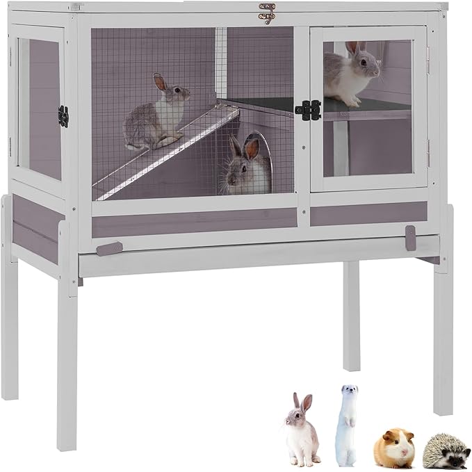 GUTINNEEN Rabbit Hutch Guinea Pig Cages Indoor with Stand Wooden Small Animals Cage Hutch Hamster Cage with Hideout,Pull Out Tray, Anti Chew Ramp (Grey)-Mewly Pet
