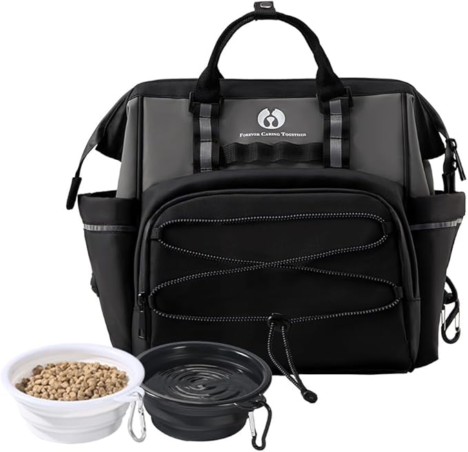 Dog Travel Bag, Airline Approved Pet Supplies Backpack, Dog Travel Backpack Accessories Set with 2 Silicone Collapsible Bowls and 1 Leash Clip for Camping, Road Trips & Weekends Away（Black）-Mewly Pet
