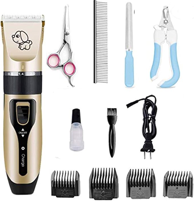 Pet Grooming kit, Professional Rechargeable Cordless Dog Grooming Clippers Kit Low Noise Electric Hair Trimming Clippers Set with Comb Guides, Stain Steel Scissors, Nail Kits and Popular groomi-Mewly Pet