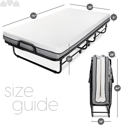 Milliard Deluxe Diplomat Folding Bed with Mattress for Adults, Twin Size, Portable Foldable Bed with Luxurious Memory Foam Mattress & Super Strong Frame, 75” x 38", Fold Up, Roll Away, & Hideaway