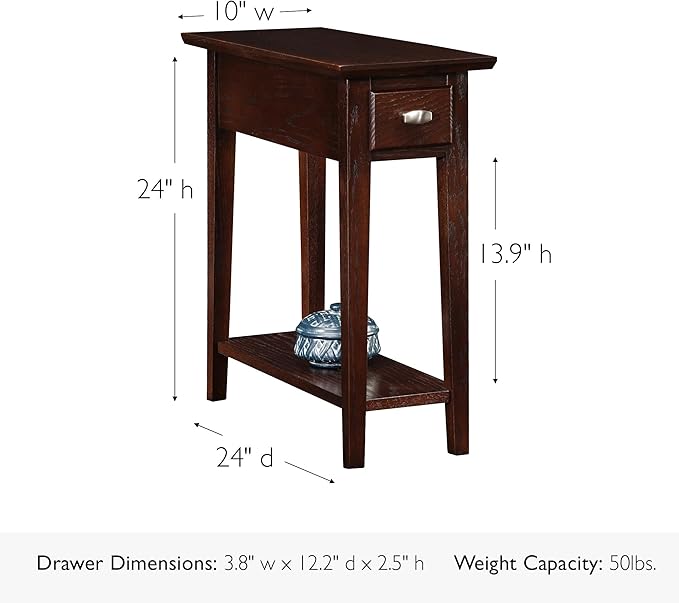 Leick Home 15 in Wide End Table, Solid Wood Construction, One Drawer, One Lower Shelf, Narrow Width, Easy-Assembly, Chocolate Oak, 15 in W x 24 in D x 24 in H, 10071-CH