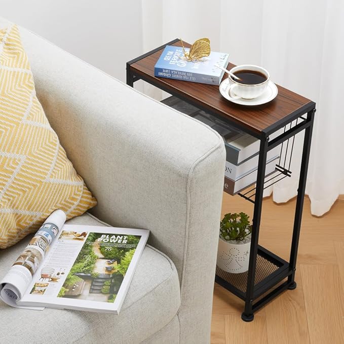 Small Side Table for Small Spaces - Slim End Table with Magazine Holder - 2 in 1 Design Narrow End Table Living Room - Skinny Bedside Table Nightstand Bedroom Thin Side Table, Cherry