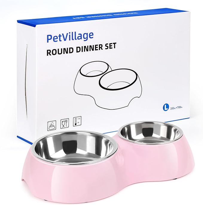 Elevated Dog Bowls Set - Non-Slip Raised Pet Feeder with Medium (10 oz) & Large (20 oz) Stainless Steel Bowls - Includes Durable Resin Stand for Puppies, Adult Dogs & Cats - Pink-Mewly Pet