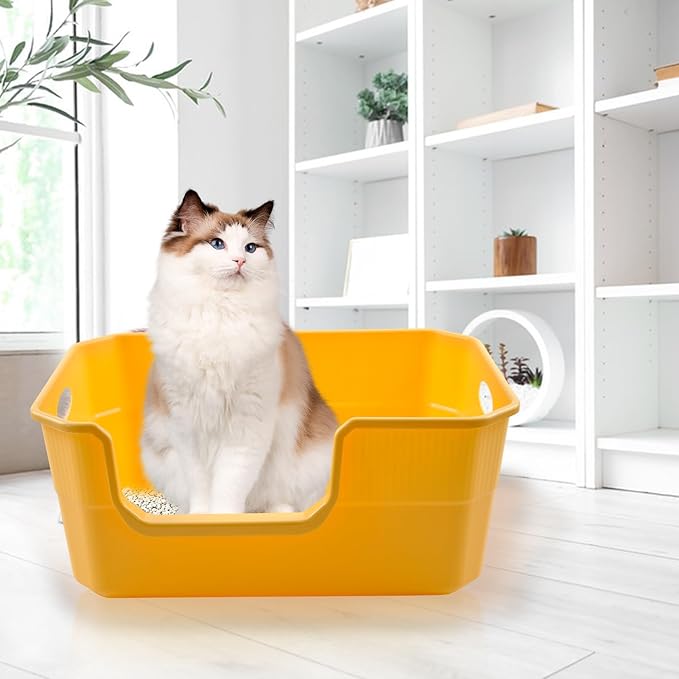 Large Low Entry Litter Box with High Sides,Plastic Cat Litter Pan Open Top Anti-Splashing Kitten Litter Box,Yellow Low Entrance Cat Toilet Easy to Clean-Mewly Pet