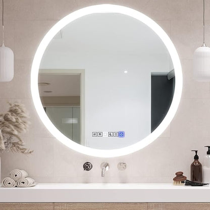 LED Round Vanity Mirror, Wall Mounted Lighted Vanity Makeup Mirror with Anti Fog Dimmable Touch Button Adjustable Color Temperature Memory Function 39 Inch by Fab Glass and Mirror