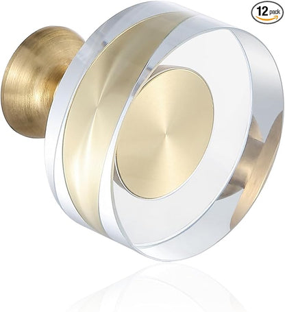 12-Pack 1-1/4-Inch White Cabinet Glass Crystal Brass knobs Brass Drawer Round Knobs Dresser Pulls, Gold Hardware Kitchen Closet knobs for Bifold Doors
