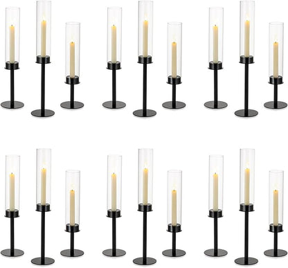 NUPTIO Hurricane Candle Holders Bulk: 18 Pcs Black Tapered Candlesticks Holder with Crystal Glass Cylinder Sleeves Metal Taper Candle Stick Holder for Christmas Thanksgiving Party Event Centerpieces
