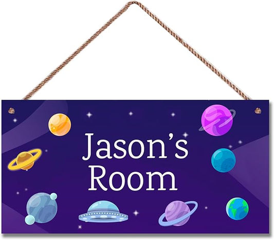 Personalized Signs Stars Planet Wall Hanging Sign for Little Man Cave, Motivational Hanging Plaque Sign Outer Space Room Wall Art Decor, Alien Ship Nursery Decor for Boys Room Kids Bedroom