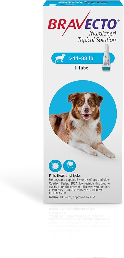 BRAVECTO Topical Solution for Dogs, Flea & Tick, 12 Week Supply, >44-88 lbs., Blue Box-Mewly Pet