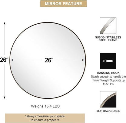 ANDY STAR Nickel Round Mirror, 26" Brushed Nickel Round Mirror, Sliver Circle Bathroom Mirrors in Stainless Steel Metal Frame 1" Deep