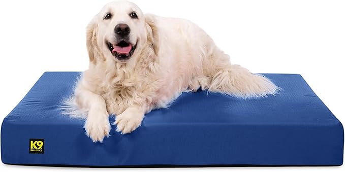 K9 Ballistics Tough Ripstop Orthopedic Rectangle Dog Bed Removable Washable Cover, Solid Orthopedic Foam for Size L Large Dogs 40"x34", Blue Quartz-Mewly Pet