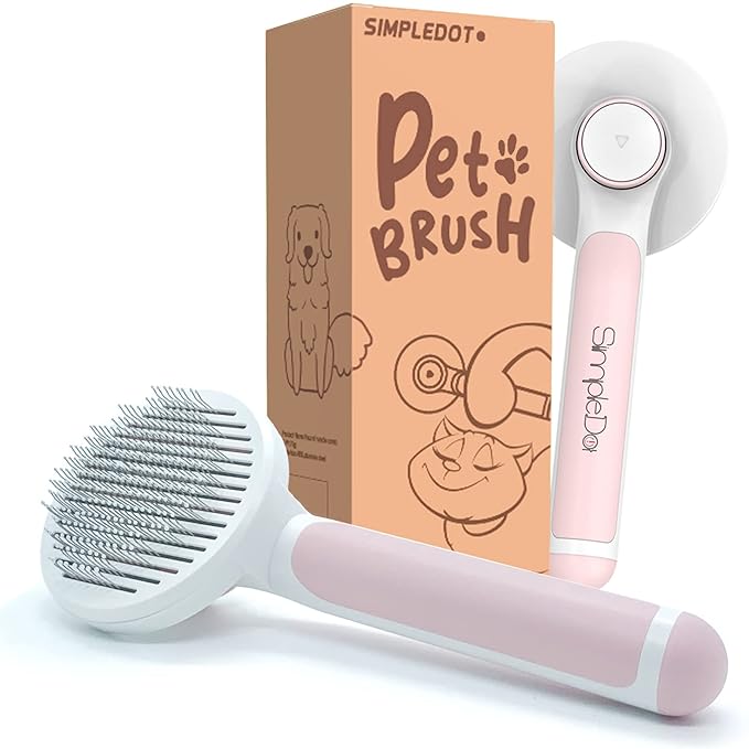 Pet Grooming Brush, Self Cleaning Slicker Brush for Dogs and Cats, Removes Undercoat Loose Hair, Mats, Tangled and Dirt, Massages, All Hair Types (Pink)-Mewly Pet
