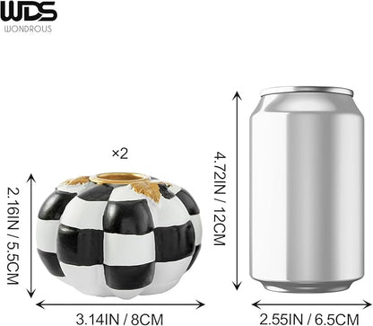 WDS WONDROUS Pumpkin Candle Holders Set of 2 Black & White, Fall & Halloween Thanksgiving Decor, Pumpkins Candlestick Holders for Centerpiece, Checkered Pumpkin Decor, Taper Candle Holders for Table
