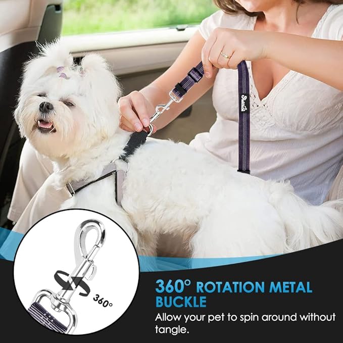 SlowTon Dog Seat Belt for Car, 2 Pack Dog Car Harness Seatbelt Adjustable with Elastic Bungee Buffer, 2 in 1 Pet Car Leash Headrest Restraint Dog Reflective Safety Tether (Purple, Headrest+Clip)-Mewly Pet