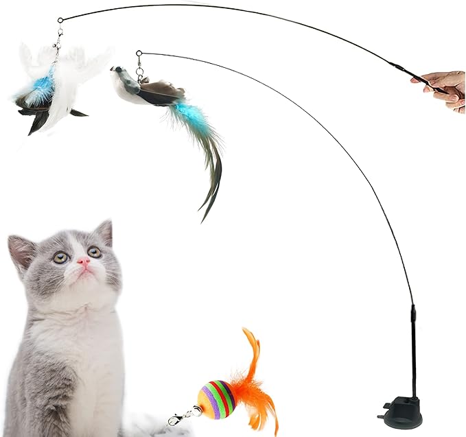 Interactive Cat Feather Toy with Super Suction Cup & Bonus Double-Sided Nano Adhesive – 3 Replaceable Feathers, Bell & Spring Wand – Fun Exercise for Indoor Cats & Kittens (Fly Bird Blue)-Mewly Pet