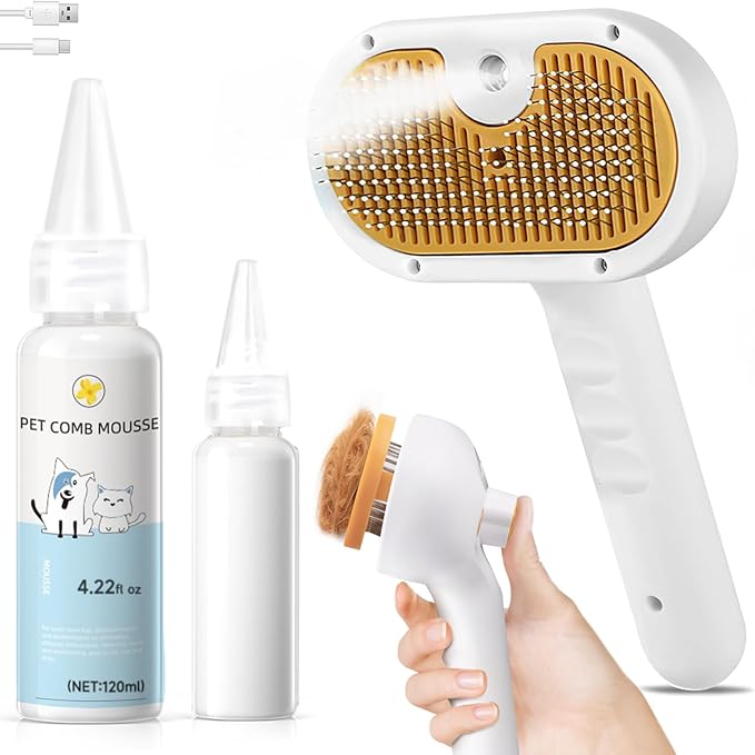 3-in-1 Pet Steam Brush Set for Dogs & Cats, Grooming Comb with Spray, Defur Tool, Water-Assisted Hair Removal, Gentle Cat & Dog Spritz Brush, Multi-Purpose Steam Grooming Kit-Mewly Pet