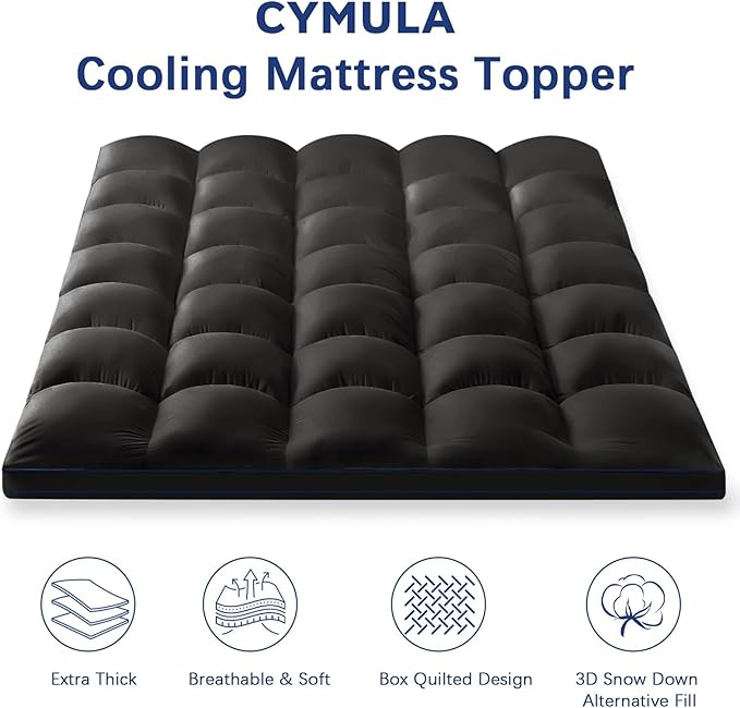 CYMULA Mattress Topper Full XL, Black Mattress Topper Pad Cover, Pillow Top Mattress Toppers with Deep Pockets, Plush Down Alternative Fill Mattress Protector