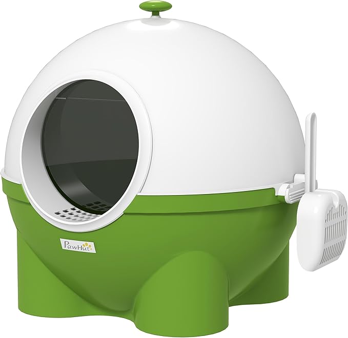 PawHut Hooded Cat Litter Box, Large Kitty Litter Pan with Lid, Scoop, Leaking Sand Pedal, Top Handle, Dark Green-Mewly Pet