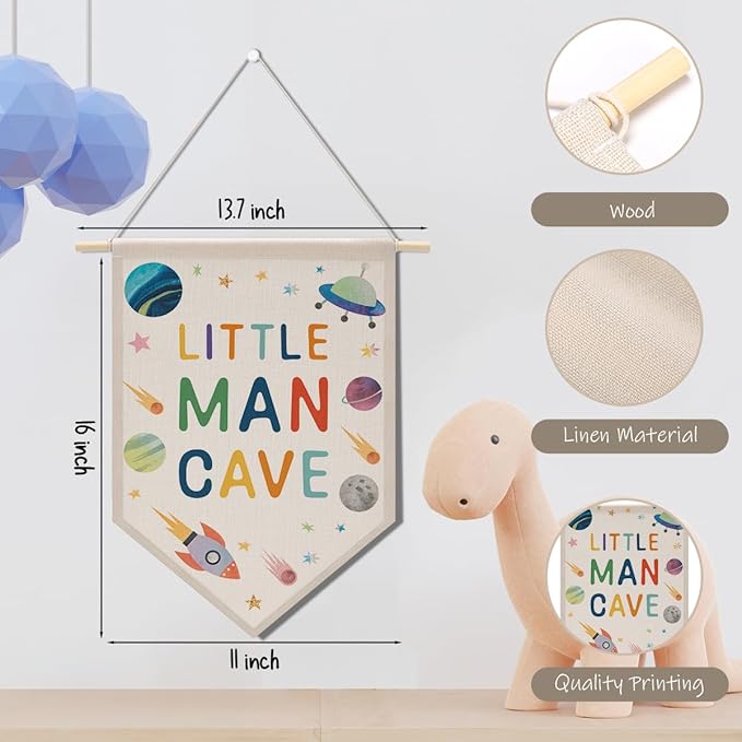 Nursery Decor Boys Room Decor Little Man Cave Sign for Boys Canvas Hanging Pennant Flag Banner Wall Sign Decor Gift for Nursery Bedroom Playroom Game Room Front Door