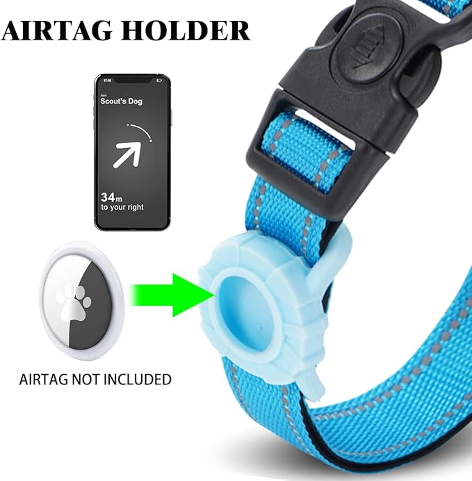 JSXD AirTag Dog Collar, Night Reflective Nylon Dog Collar for Small Medium Large Dogs,Lockable Quick Release Buckle,Padded Breathable Pet Collar with AirTag Holder (Blue, Large)-Mewly Pet