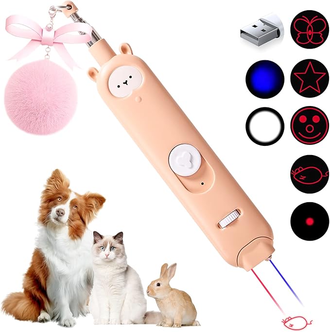 Cat Laser Toys, 2 in 1 Laser Pointer Cat Toys,Internative Cat Toys for Indoor Cats,3+5 Light Modes Cat Wand Toy, Retractable Cat Feather Toys, Long Range Kitten Toys,USB Rechargeable-Mewly Pet