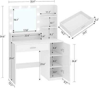 Quimoo Makeup Vanity Desk with Mirror & Lights, Vanity Desk with 5 Drawers & Storage Shelves, Vanity Table, 3 Color Modes & Adjustable Brightness Dressing Table, Bedroom, White