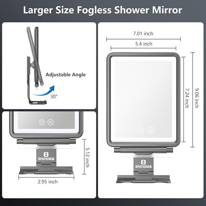 Heated Shower Mirror Fogless for Shaving, 3 Colors Stepless Dimmable Lights Fogless Mirror for Shower, Rechargeable Anti Fog Shaving Mirror with Razor Holder for Men, Light Memory Function, Gray