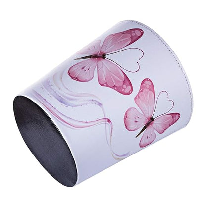 10L/2.64 Gallon PU Leather Trash Can Decorative Waterproof Wastebasket Paper Basket Garbage Bin for Home Office Bathroom - Pink Butterfly