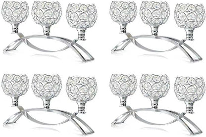 Crystal Tealight Candle Holder Centerpiece Home Decorative Candlestick Holder Elegant Table Centerpiece Home Decor Wedding Party Anniversary (Silver, 3 Arm of 4 Pcs)