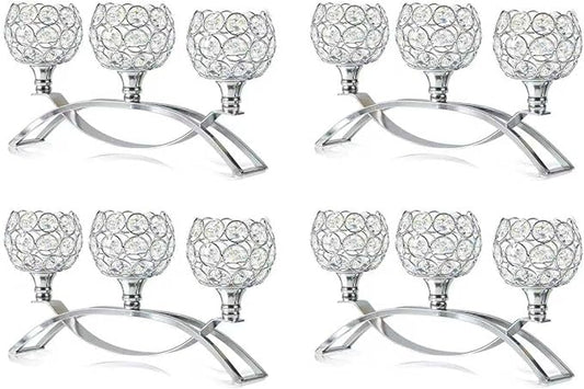 Crystal Tealight Candle Holder Centerpiece Home Decorative Candlestick Holder Elegant Table Centerpiece Home Decor Wedding Party Anniversary (Silver, 3 Arm of 4 Pcs)
