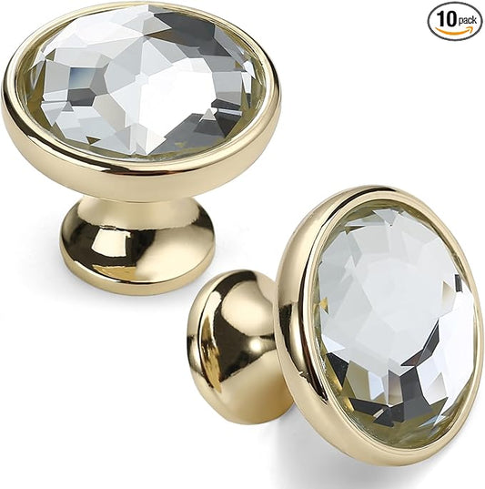 Asidrama 10 Pack Gold Kitchen Cabinet Knobs - Clear Crystal Dresser Knobs for Drawers