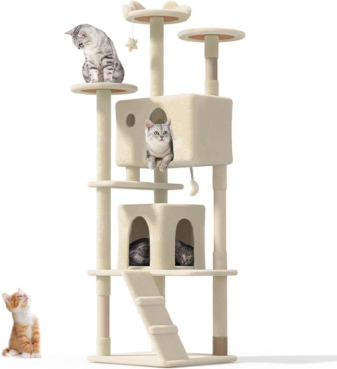 77'' Cat Tree Tower for Indoor Cats Large Adult, Cute/Tall Modern Cat Tree for Big Cats 20 lbs, Plush Multi-Level Cat Condo with Scratching Posts, Dangling Ball for Fun Play (Beige, 77 inch)-Mewly Pet