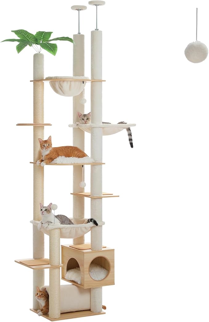 PEQULTI Floor to Ceiling Cat Tree 93.3’’-100.8’’ Height Adjustable Wooden Cat Tower Tall Climbing Play House with Scratching Posts, Cozy Condo, Perches and Large Hammock for Indoor Cats Beige-Mewly Pet