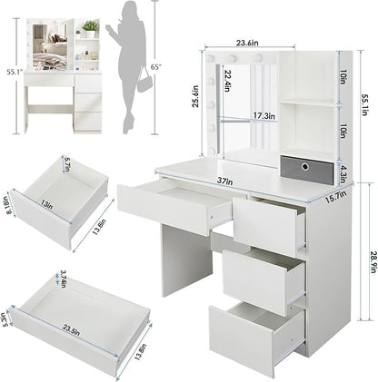 Vabches Makeup Vanity with Lights, 37inch Vanity Desk, 4 Large Drawers Dresser with Lighted Mirror, 3 Lighting Modes Brightness Adjustable, White