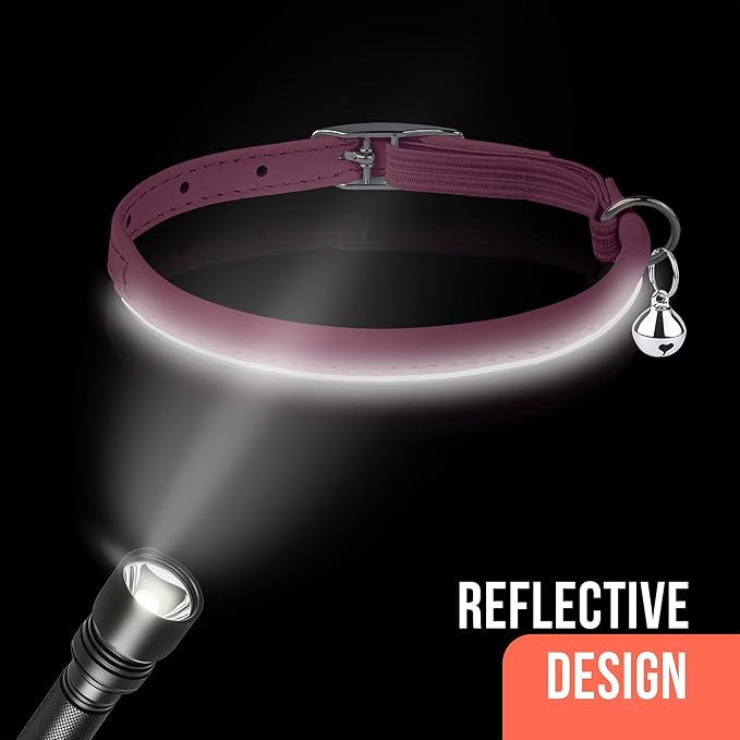 OOPSDOGGY Rolled Leather Cat Collar with Bell, Reflective Kitten Collars with Buckle Include Safety Elastic Strap - Adjustable Small Pet Collars for Boy Girl Cats (Fucsia)-Mewly Pet
