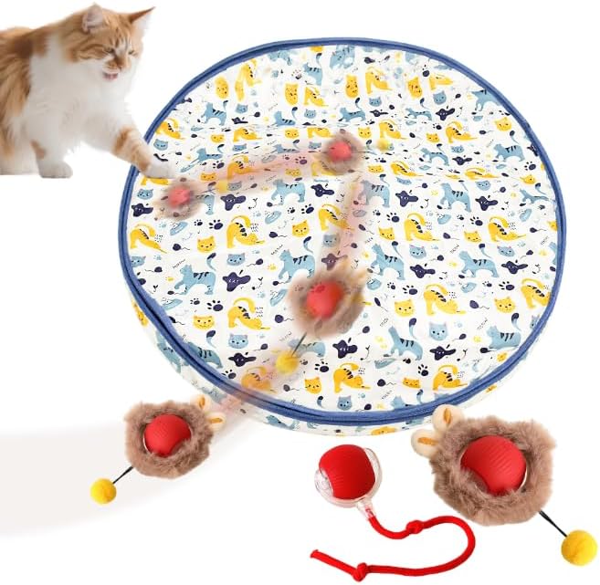 Interactive Cat Toys Ball - 2pcs Automatic Fast Rolling Ball in Play Mat, Hide and Seek Mouse Catching Game, Low-Noise Cat Enrichment Toys in Pouch for Indoor Bored Cats(Paw Print Pattern - Round)-Mewly Pet