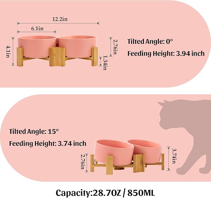 SPUNKYJUNKY 15° Slanted Ceramic Dog and Cat Bowl with Wooden Stand, Tilted Bulldog Food and Water Bowl No Slip Non-Spill for Cats Medium Dogs Big Face Pets 28.7 OZ (3.6 Cups, Pink × 2)-Mewly Pet