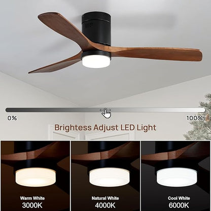 Sofucor 52 Inch Ceiling Fans with Lights, Flush Mount Ceiling Fan with Lights Remote Control, Indoor/Outdoor Ceiling Fan Light, Reversible DC Motor, 3 Blade Solid Wood Ceiling Fans for Bedroom Patio