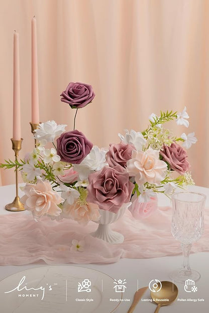 Ling's Moment Artificial Flowers Fake Roses Faux Foam Gardenia Combo for DIY Wedding Bouquets Centerpieces Arrangements Bridal Shower Party Home Decorations, Mauve & Blush, 24pcs